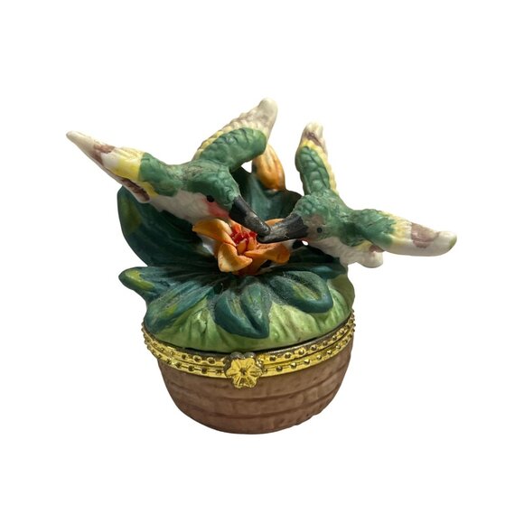 Porcelain Hummingbird Trinket Boxes With Floral Accents & Gold Trim - Set Of 2 - Picture 2 of 6